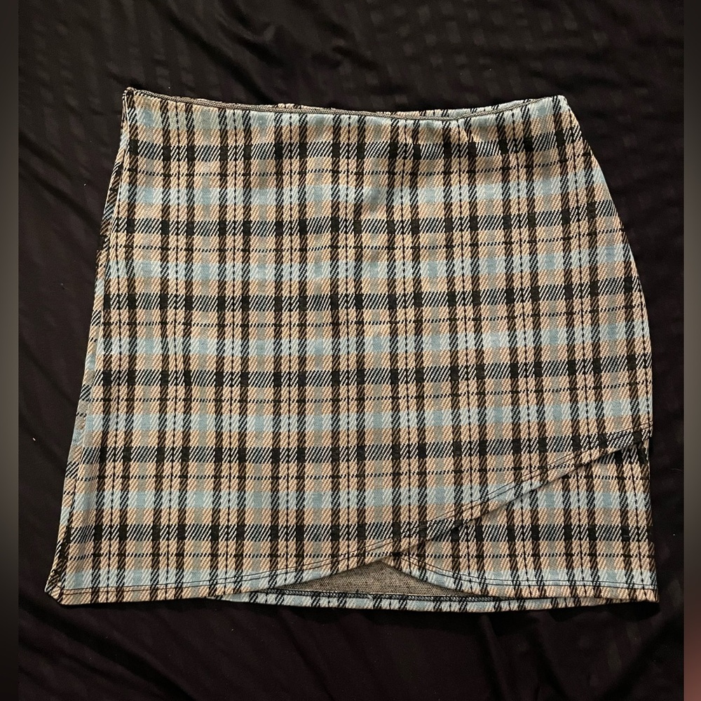 Altar’d State Brown and Baby Blue Cross Front Plaid Mini Skirt
